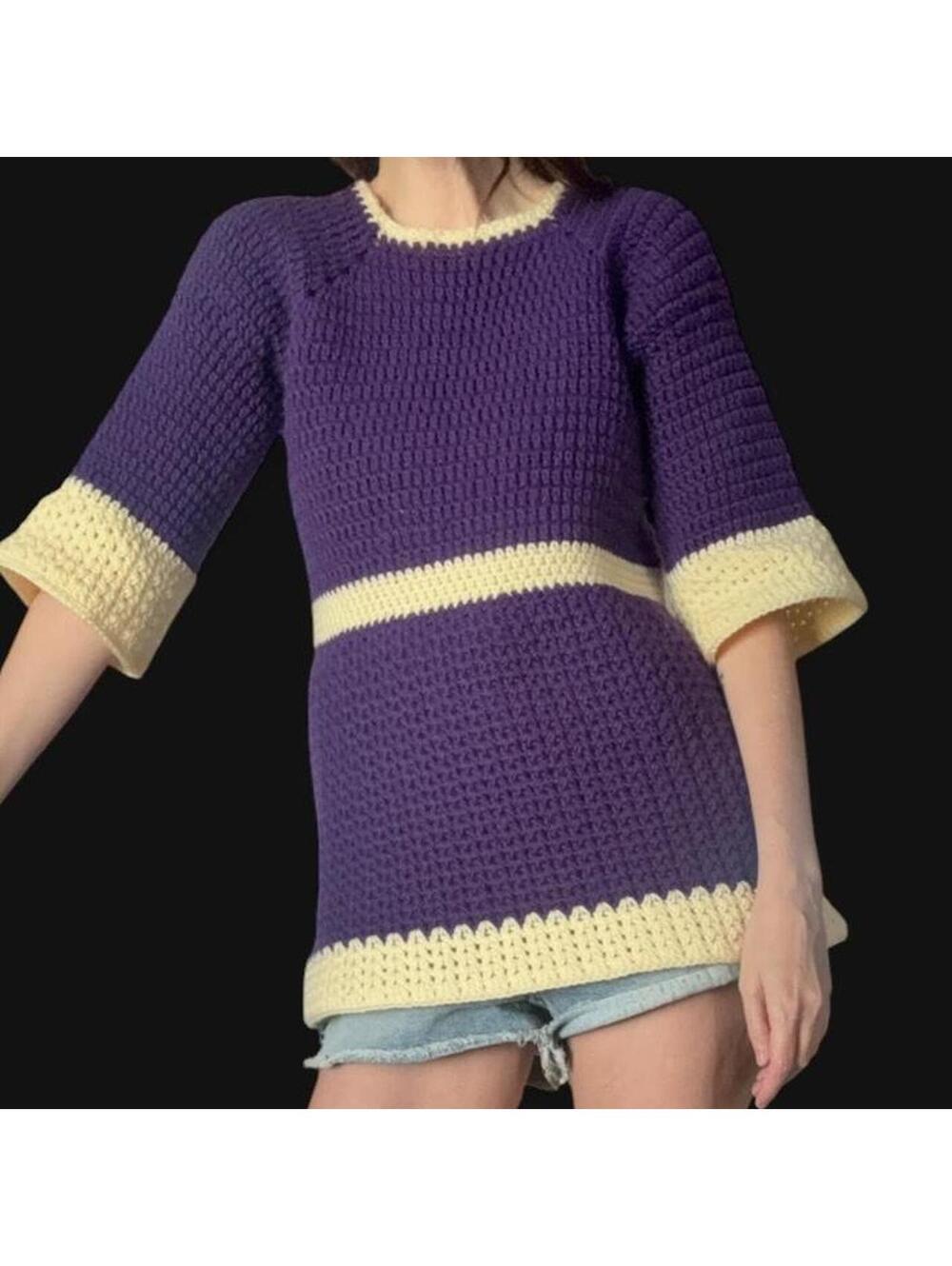 True vintage handmade purple and cream crochet sweater. Likely 70’s era